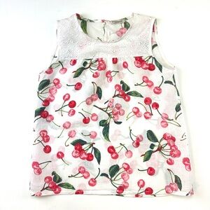 Laura Bianchi linen cherry top  Womens Medium eyelet sleeveless Kawaii Summer